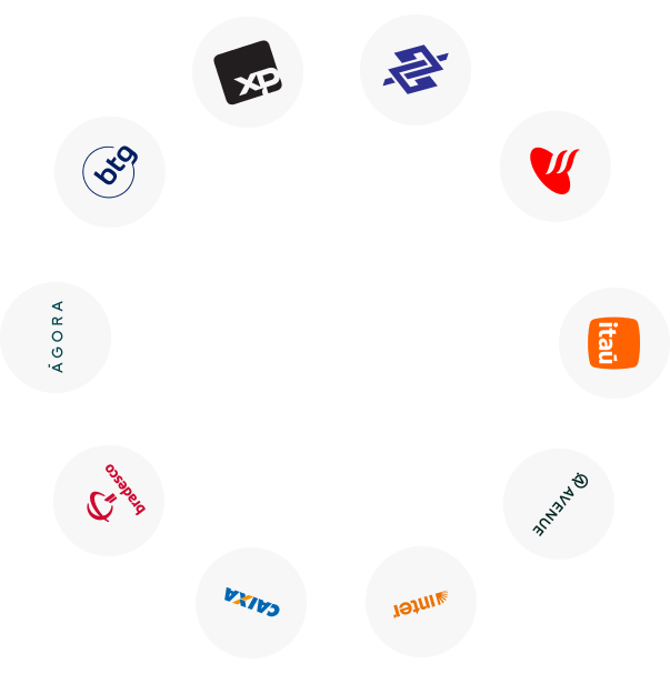 Imagem com o logo da ifin Capital em forma de círculo, formando uma órbita com os símbolos e logos de outras empresas como XP Investimentos, Itaú, Caixa, Ágora, Bradesco, Banco do Brasil, BTG Pactual, Santander, Inter e Avenue Securities.